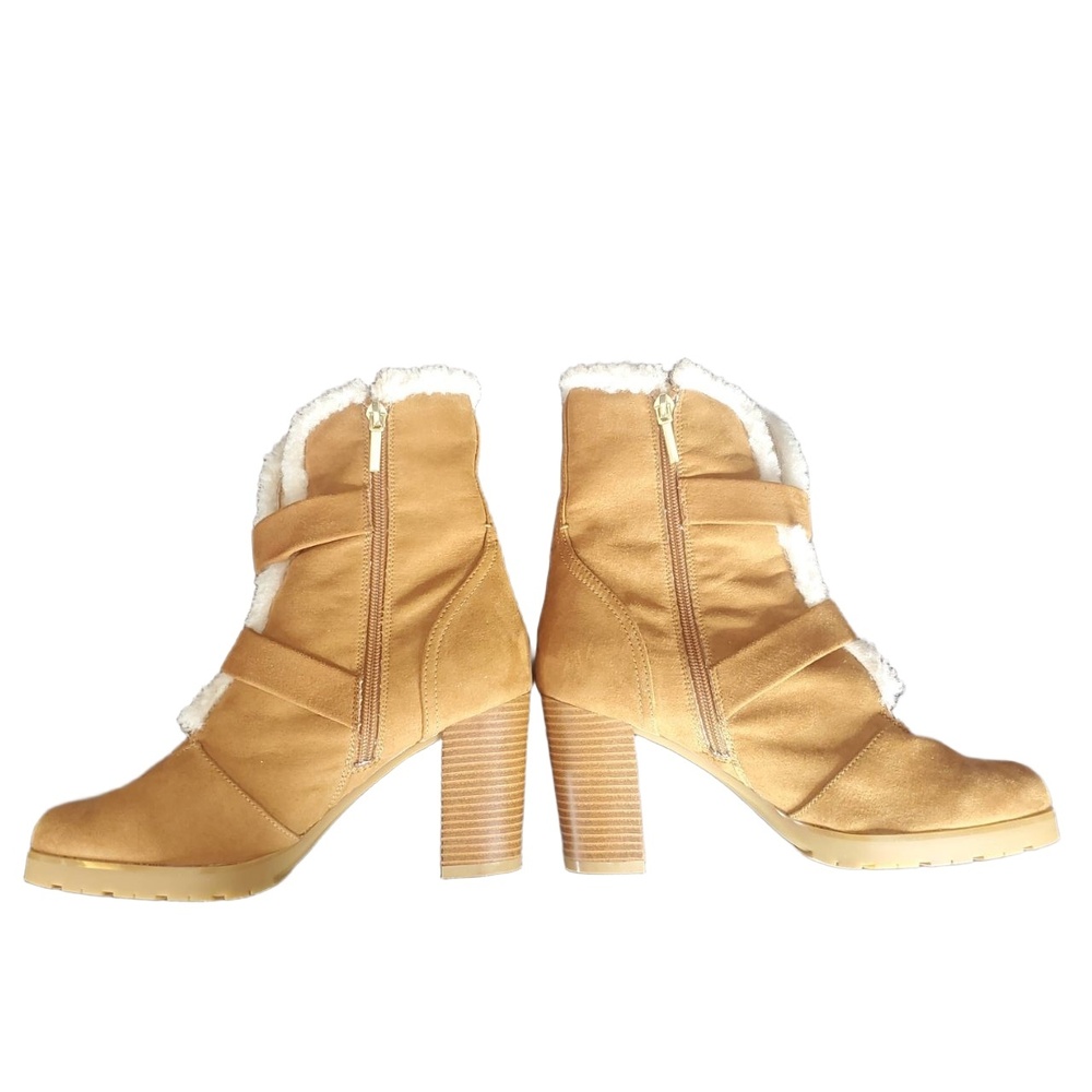 12 Thompson Tania Faux Shearling Multi Strap Buckle Chunky Heel Boots Tan 9 - Picture 5 of 14